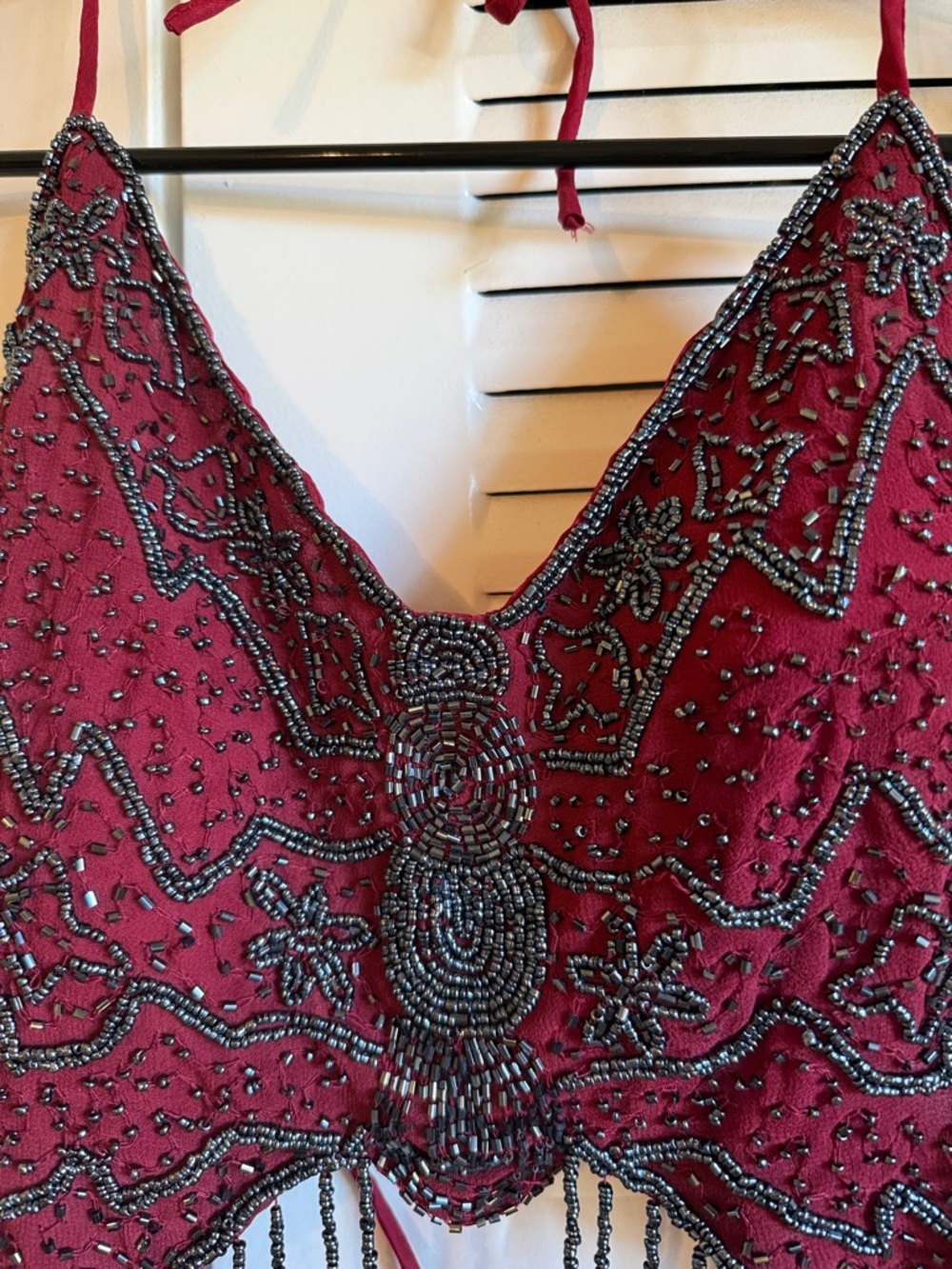 Vintage Red Beaded Halter Bandeau with Navy Beadwork - Picture 6 of 8